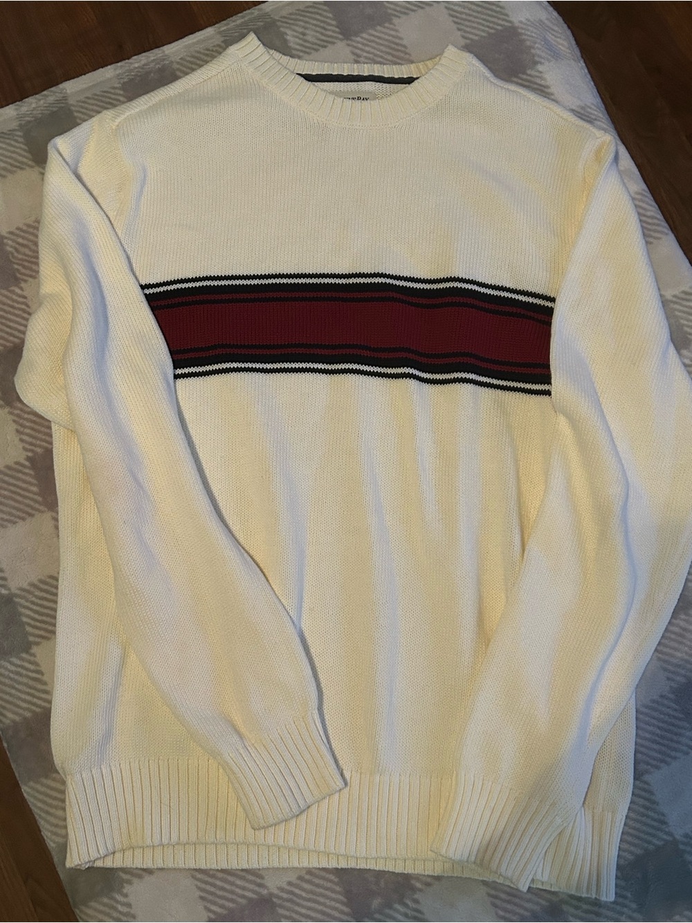 St. John's Bay Cream Crewneck Sweater with Maroon Chest Stripe size Medium